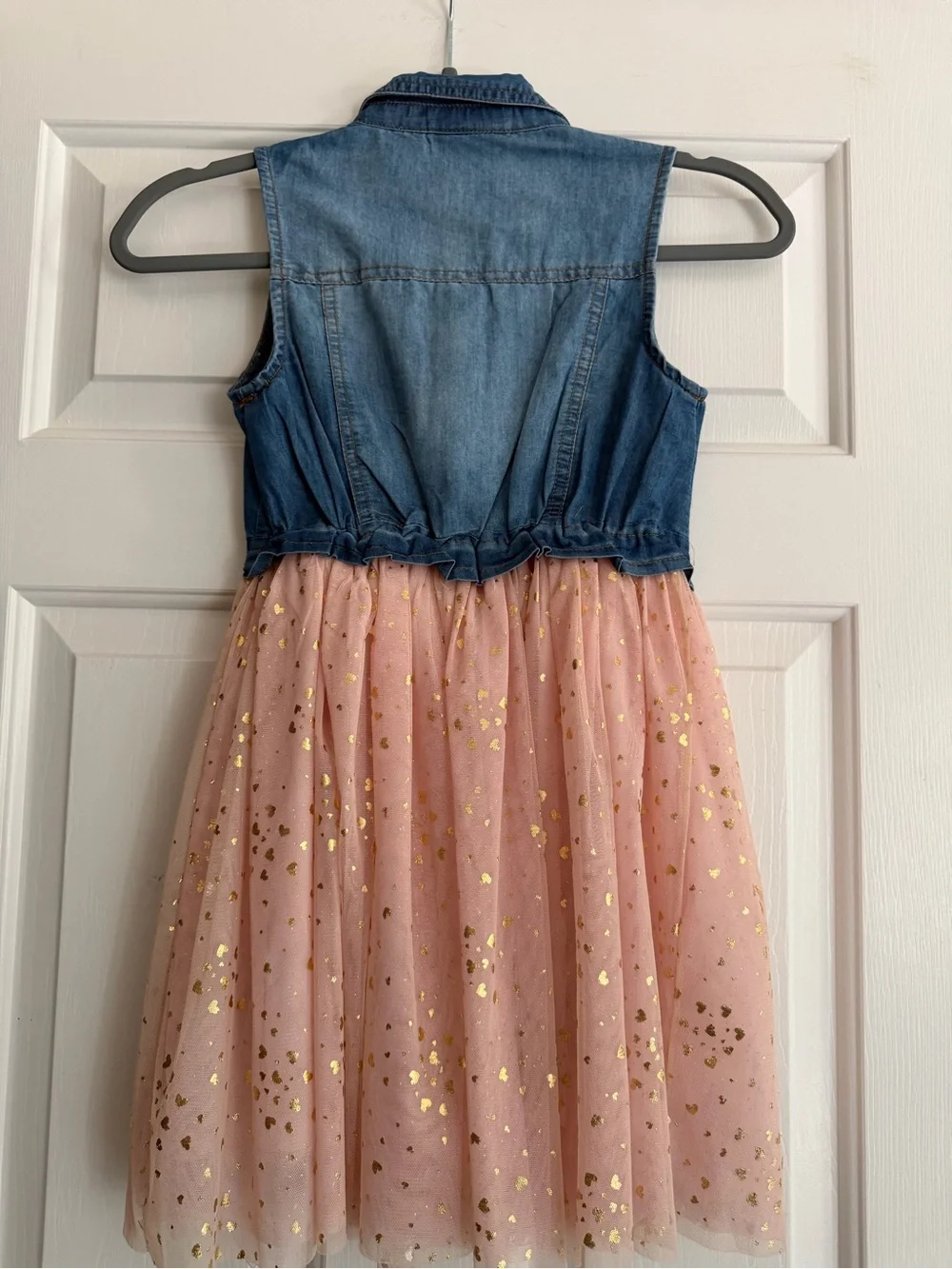 Rare Editions Denim Vest with Pink Tulle & Gold Heart Accents